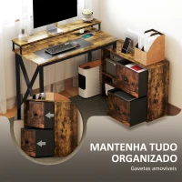 HOMCOM Secretária de Canto com Luzes LED Estação de Carga Gavetas de Tela Controlo Remoto Suporte para Monitor 130x110x91 cm Castanho Rústico(m-4)
