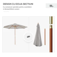 Outsunny Umbrelă de grădină, diametru 3 m, cu stâlp din lemn, 8 spițe și parasolar din poliester, gri(m-7)