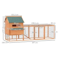 PawHut Galinheiro de madeira ao ar livre Gaiola grande para 8-10 galinhas com compartimento de corredor 2 ninhos telhado de asfalto bandeja removível e rampa 347x160x150 cm laranja(m-3)