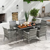 Outsunny 7-Piece Rattan Garden Furniture Set with Cushions, 6 Seater Garden Table and Chairs, Rattan Dining Set with 6 Armchairs, Rectangular Glass Top Table, Grey(m-2)