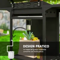 Outsunny Barbecue a Gas con Bruciatori Indipendenti, Coperchio con Termometro e Tavolino Laterale, Nero(m-7)