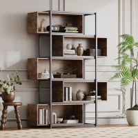 Bücherregal mit 5 Etagen, Holzmaserung und schwarzem Metallrohr, 121×35×176 cm, Schwarz+Braun(m-2)