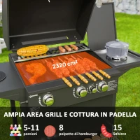 Outsunny Barbecue a Gas con Bruciatori Indipendenti, Coperchio con Termometro e Tavolino Laterale, Nero(m-4)