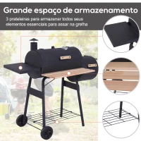 Outsunny Barbecue a Carvão 2 em 1 Defumador e Grelha Barbecue com Termómetro Rodas e Prateleiras 124x53x104cm Preto(m-7)