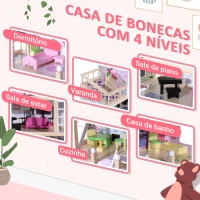HOMCOM Casa de Bonecas com Móveis e 4 Andares Casa de Bonecas com 13 Acessórios Brinquedo de Imitação 60,5x30x80,5cm Rosa(m-4)