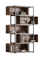 Bücherregal mit 5 Etagen, Holzmaserung und schwarzem Metallrohr, 121×35×176 cm, Schwarz+Braun(m-8)