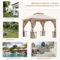 Outsunny Pérgola de jardim 295x295x275cm com 4 cortinas laterais com zíper e telhado duplo com 8 furos de drenagem bege(m-7)
