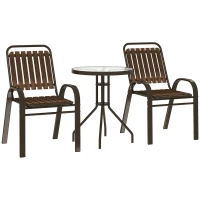 Outsunny Conjunto de Jardim de 3 Peças com 2 Cadeiras Empilháveis Mesa com Bancada de Vidro Temperado Marrom Escuro(m-1)