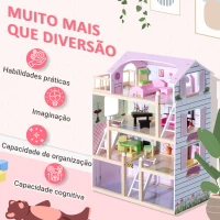 HOMCOM Casa de Bonecas com Móveis e 4 Andares Casa de Bonecas com 13 Acessórios Brinquedo de Imitação 60,5x30x80,5cm Rosa(m-5)