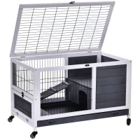 PawHut Coelheira de madeira gaiola para pequenos animais de estimação portátil com telhado de abertura rampa de bandeja removível para cobaias 90x53x59 cm cinza e branco(m-10)