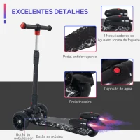 HOMCOM Trotinete ajustável em altura de 4 níveis dobrável com luzes musica Nevoeiro de água para crianças acima de 3 anos 61x26x63-81 cm Preto(m-7)