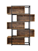 Bücherregal mit 5 Etagen, Holzmaserung und schwarzem Metallrohr, 121×35×176 cm, Schwarz+Braun(m-1)