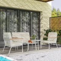 Outsunny Conjunto de Muebles de Jardín de 5 Piezas con Sofá Sillones y Mesas con Tablero de Vidrio Templado Cojines Beige(m-8)