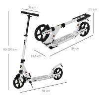 HOMCOM Trotinete dobrável altura ajustável e guiador para adultos e crianças acima de 14 anos com rodas grandes e freio Carga 100kg branco(m-3)