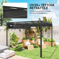 Outsunny Gazebo Pergola Retrattile 3x3 m con Tenda a Rullo e Fori di Drenaggio, in Acciaio e Poliestere Grigio Scuro(m-4)