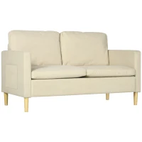 HOMCOM Two Seater Sofa for Living Room, Modern Fabric Couch with Wood Legs and 2 Pockets for Bedroom and Home Office, Beige(m-1)