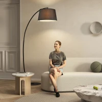 HOMCOM Stehlampe, Gebogene Stehleuchte mit Stoffschirm, Bodenlampe mit runder Basis, Metall, 105L x 47B x 190H cm, Schwarz(m-8)