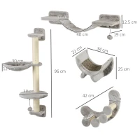 PawHut Four-Piece Cat Wall Furniture, with Hammock, Ladder, Platforms, Steps, for Indoor Use - Grey(m-3)