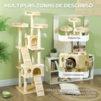 PawHut Árvore Arranhador para Gatos Grande 49x49x173 cm com Múltiplos Níveis Cavernas Brinquedos Suspensos Centro de Atividades de Sisal Bege(m-6)