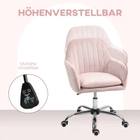HOMCOM Verstelbare en Draaibare Bureaustoel met Rug- en Armleuning in Roze Fluweel(m-6)
