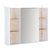 HOMCOM Armario Espejo con Espacio Interno con Estantes Ajustables Armario de Baño Montado en la Pared con Estantes Abiertos 60x14,5x49,4 cm Blanco y Roble(m-1)