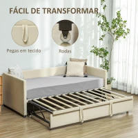 HOMCOM Cama Individual Dupla 2 em 1 Estofada em Veludo e Cama Inferior Extraível com Rodas para Colchões de 90x190 cm Creme(m-5)