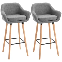 HOMCOM Set of 2 Bar Stools Modern Upholstered Seat Bar Chairs w/ Metal Frame, Solid Wood Legs Living Room Dining Room Fabric Furniture - Grey(m-1)