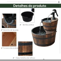 Outsunny Fonte de Água em Madeira em Cascata de 2 Níveis com Bomba Elétrica e Saída de Água Ajustável  Ø44,5x58,5 cm Madeira(m-6)