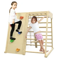 HOMCOM Ensemble d'escalade 5 en 1 avec balançoire mur d'escalade corde et grimpe en bois barres de singe pour enfants(m-1)