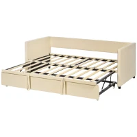 HOMCOM Cama Individual Dupla 2 em 1 Estofada em Veludo e Cama Inferior Extraível com Rodas para Colchões de 90x190 cm Creme(m-11)