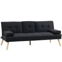 HOMCOM Canapé convertible 3 places, canapé-lit rembourré avec dossier réglable 3 niveaux, 2 coussins et 2 porte-gobelets intégrés, tissu de lin, pour salon, chambre d'amis, petit espace, gris(m-11)