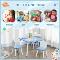 ZONEKIZ Juego de Mesa y 2 Sillas Infantiles de Madera para +18 Meses Estampado Espacial 68x68x47 cm y 30x30x51,5 cm Azul(m-4)