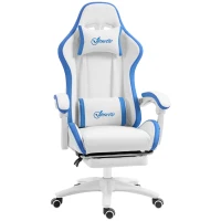 Vinsetto Computer Gaming Chair, PU Leather Office Desk Chair with Footrest, Swivel Wheels, 135° Reclining Back, Lumbar Support, Headrest for Home, White and Blue(m-1)