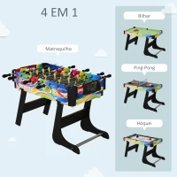 HOMCOM Mesa de Jogos Dobrável 4 em 1 Matraquilhos Hóquei de Mesa Bilhar Pingue-Pongue e Acessórios Incluídos 86,5x43,5x64 cm Multicor(m-4)