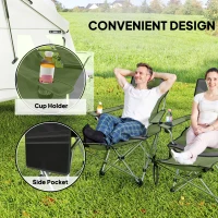 Outsunny Set of 2 Reclining Folding Camping Chair w/ Detachable Footrest, Storage Bag, Cup Holder & Headrest, Lightweight Portable Camp Chair for Beach, Picnic, Olive Green and Grey(m-5)