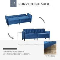 HOMCOM Modern 3 Seater Velvet Sofa Bed, Click Clack Sofa Bed, Button Tufted Sleeper Couch with Split Reclining Backrest and Rubber Wood Legs, Blue(m-4)