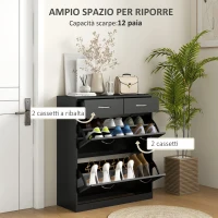 HOMCOM Mobile Scarpiera da 12 Paia con 2 Ripiani Interni Regolabili e 2 Cassetti, in Legno, 80x30x91.5 cm, Nero(m-4)