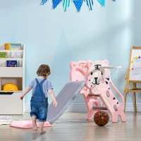 AIYAPLAY Tobogan pentru Copii 18-36 Luni cu Coș de Baschet Lateral și Tobogan din Plastic, 133x60x70 cm, Roz(m-2)