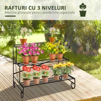 Outsunny Suport pentru Plante din Fier Forjat, Scara Suport pentru Ghivece pentru Exterior pe 3 Niveluri, Negru(m-4)