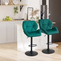 HOMCOM Bar Stools Set of 2, Swivel Velvet-feel Barstools with Wide Seat, Adjustable Height and Footrest, Breakfast Bar Chairs for Kitchen, Dining Room, Green(m-2)