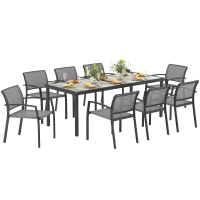 Outsunny Set da Giardino con Tavolo da Pranzo Rettangolare e 8 Sedie Impilabili con Braccioli, Grigio(m-1)