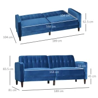 HOMCOM Modern 3 Seater Velvet Sofa Bed, Click Clack Sofa Bed, Button Tufted Sleeper Couch with Split Reclining Backrest and Rubber Wood Legs, Blue(m-3)