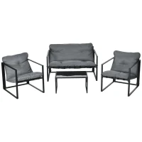 Outsunny Garden Furniture Set, 1 Glass Table, 2 Armchairs, 1 Sofa, Weather-Resistant, 114cm x 70cm x 67cm, Gray + Black(m-12)