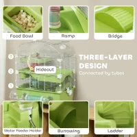 PawHut 3-Tier Hamster Cage with Transparent Top, Sand Bathroom, Exercise Wheel, Hideout Room, Tubes, 45 x 28 x 60 cm, Green(m-4)