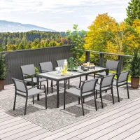 Outsunny Set da Giardino con Tavolo da Pranzo Rettangolare e 8 Sedie Impilabili con Braccioli, Grigio(m-9)