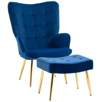 HOMCOM Modern Armchair with Footstool, Upholstered Accent Chair with Ottoman, Steel Legs, Velvet Wingback Chair for Living Room, Bedroom, Home Study, Dark Blue(m-1)