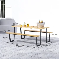 Outsunny 3-Delige Biertafelset Hout met Parasolgat, Biertafel 2 x Bierbank 175 x 148 x 78 cm Natuurhout(m-3)