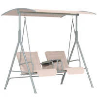 Outsunny 2 Seater Garden Swing Chair Patio Rocking Bench w/ Tilting Canopy, Double Padded Seats, Storage Bag and Tray, Beige(m-1)