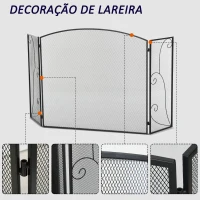 HOMCOM Frente para Lareira de 3 Painéis Dobrável com Dobradiças Estrutura Metálica e Malha Decorativa 132,5x76,5cm Preto(m-7)