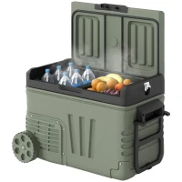 Outsunny 33L Car Fridge Freezer Dual Zone, Portable Camping Fridge 12V/24V DC & 100-240V AC, Electric Cool Box -20℃-20℃ with Wheels and LED Light, for Travel, RV, Road Trip, Picnic [Energy Class E](m-11)